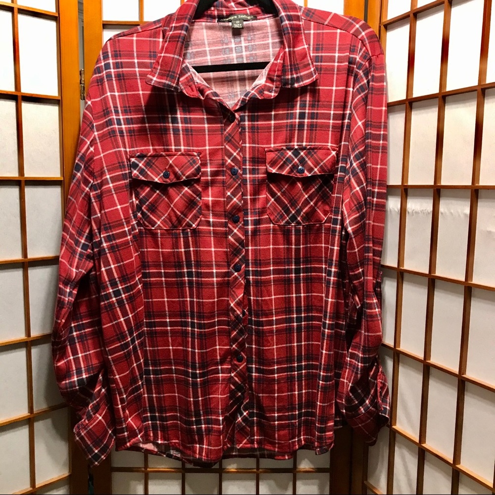 Always Indigo Soft Plaid Tab Sleeve Button Down 2X